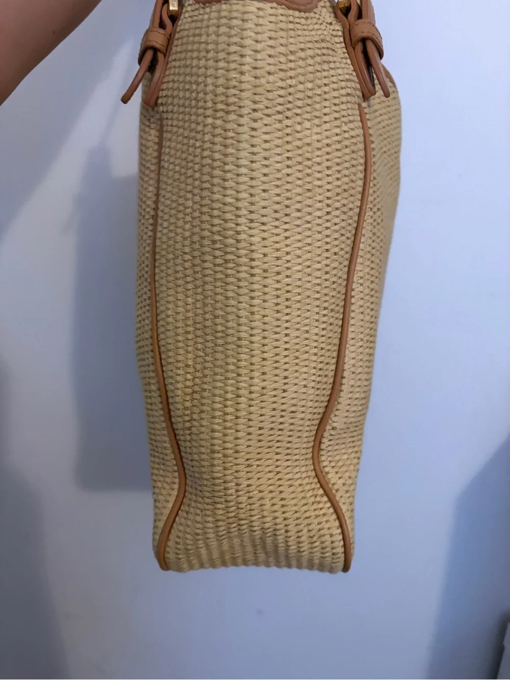 Tory Burch Beige Woven Tote with Leather Trim and Logo